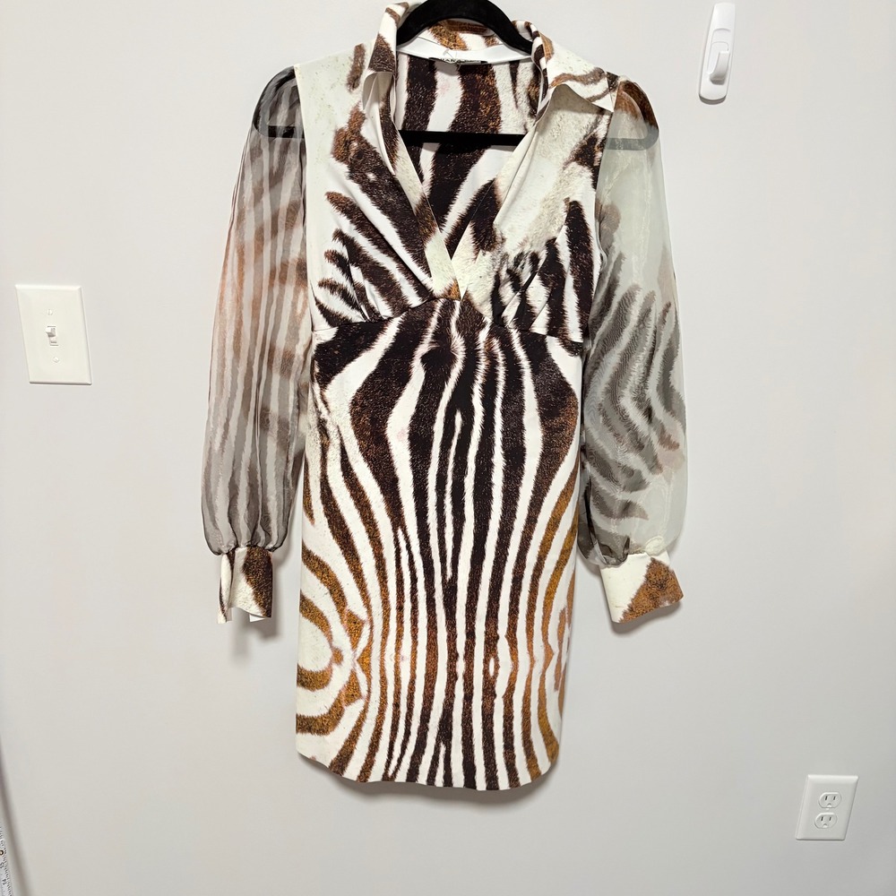 Chiara Boni Zebra Print Dress Womens Brown Small Sheer Sleeve Italy